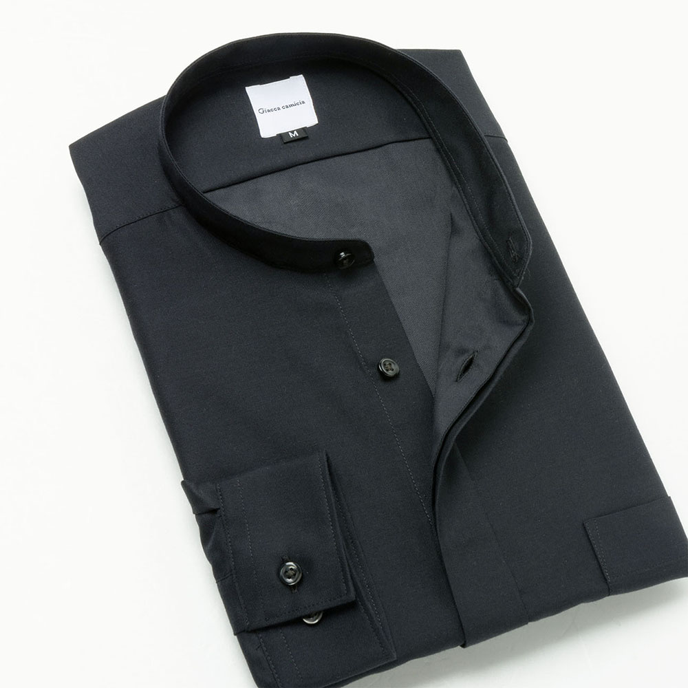 ワイシャツ[giacca-camicia] バンドカラー 比翼仕立て 短尺 ブラック